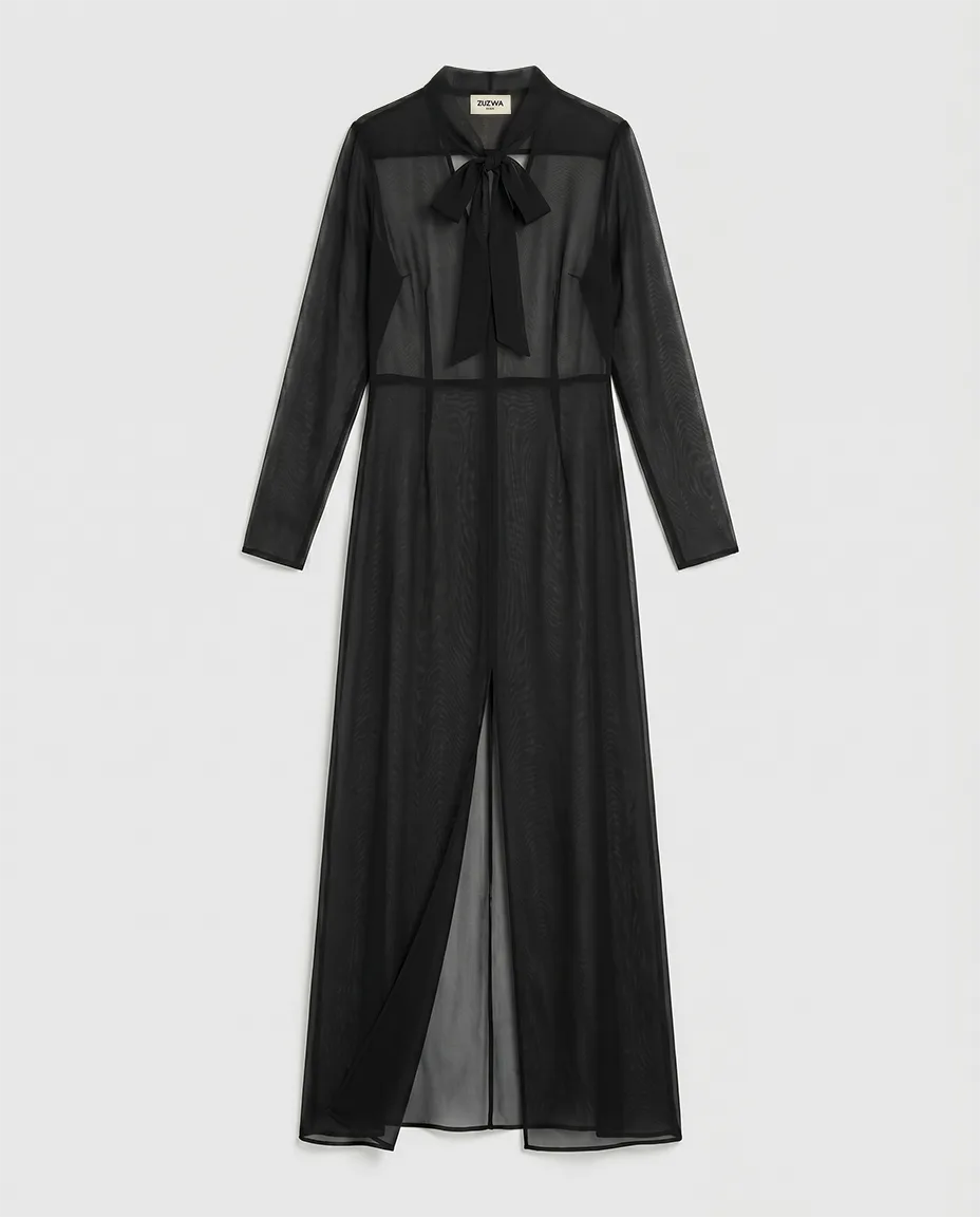 Bow-Neck Silk Maxi Dress