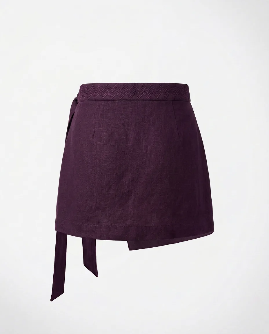 Linen Zigzag Wrap Mini Skirt (Beetroot)