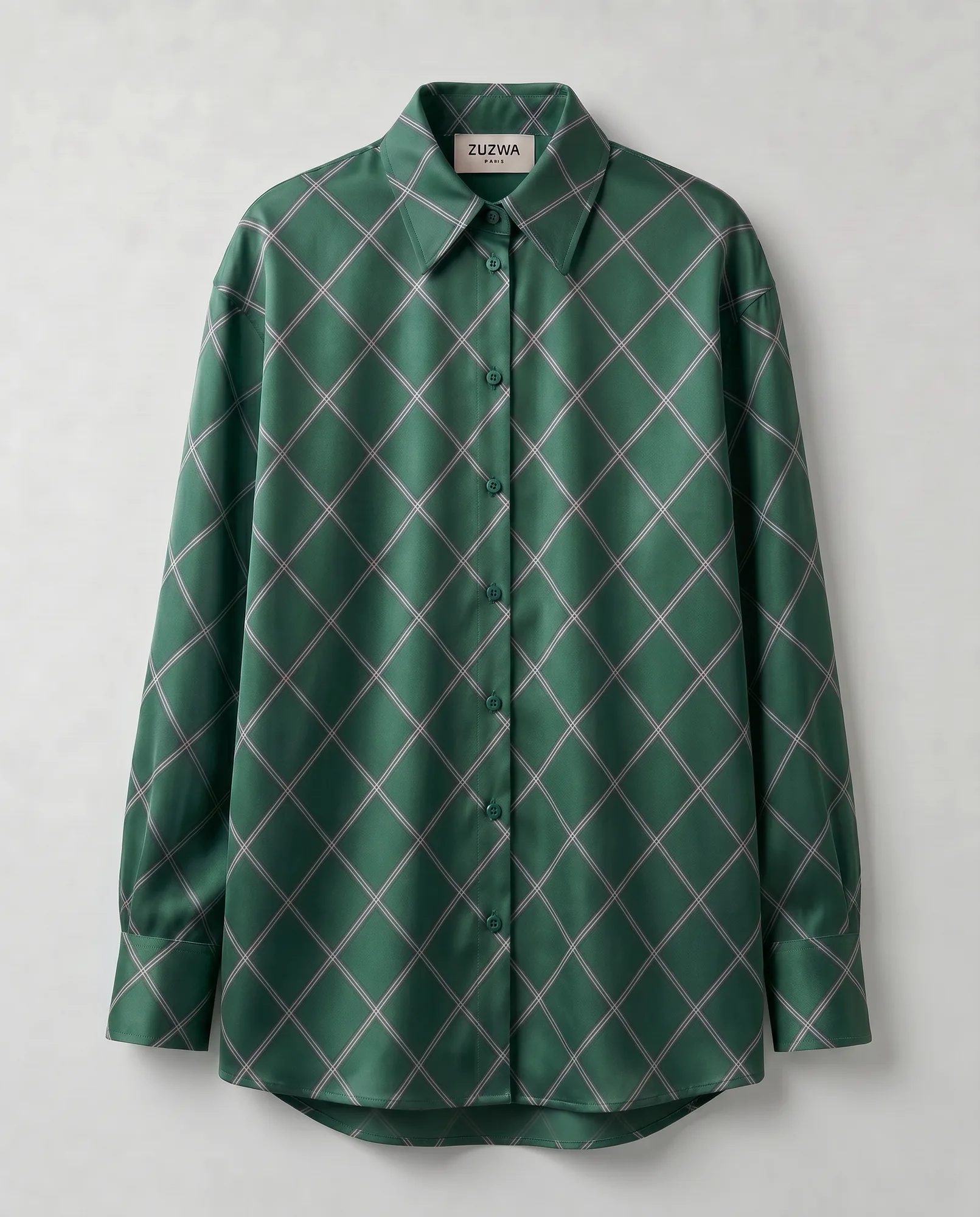 Diagonal Tartan Relaxed Silk Shirt (Emerald)