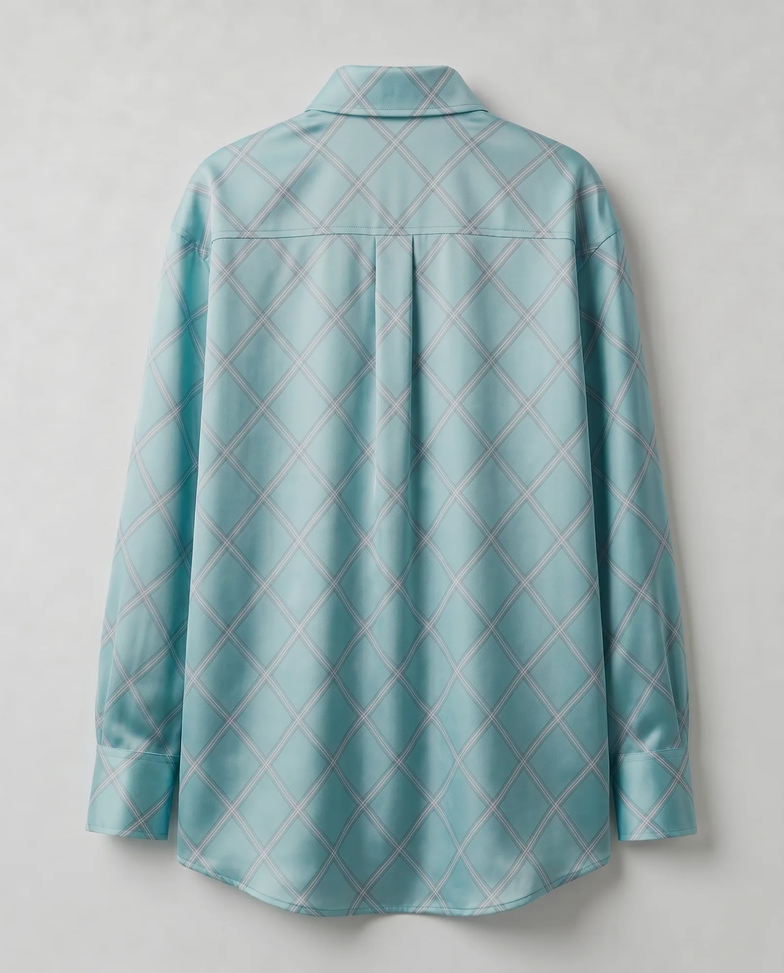 Diagonal Tartan Relaxed Silk Shirt (Sky)