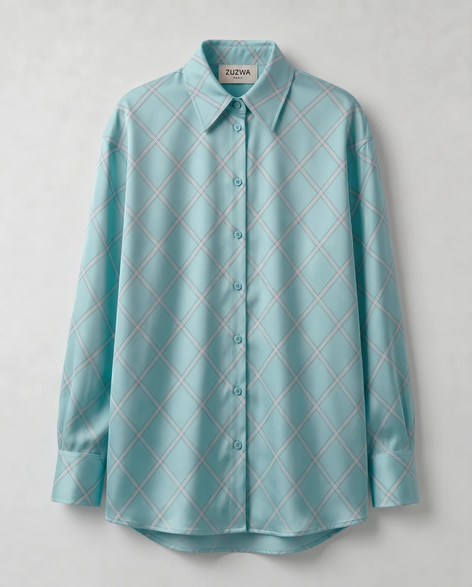 Diagonal Tartan Relaxed Silk Shirt (Sky)